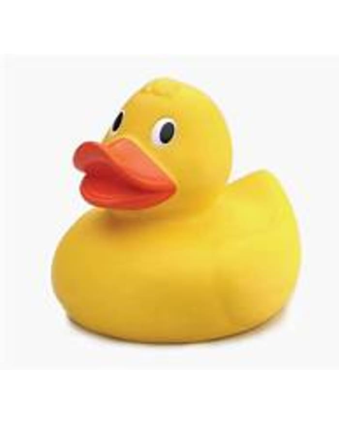 a yellow rubber duck with an orange beak