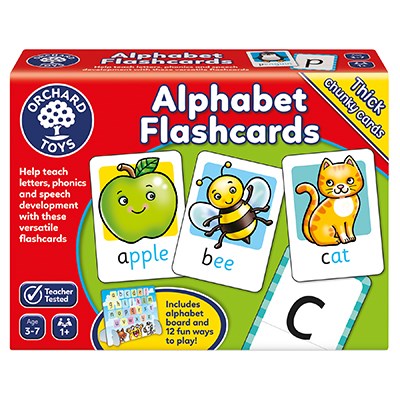 a box of alphabet flash cards