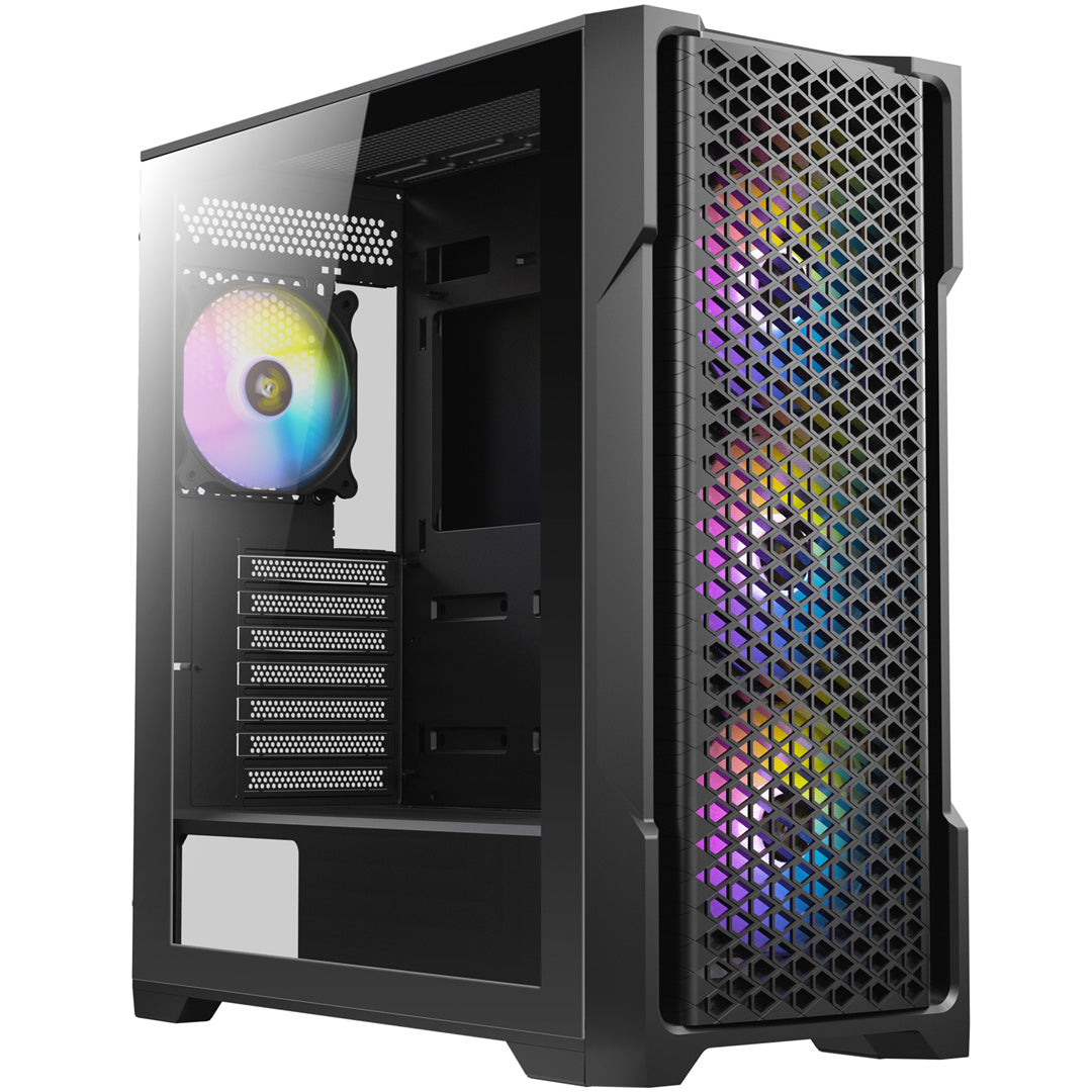 a black computer tower with colorful lights