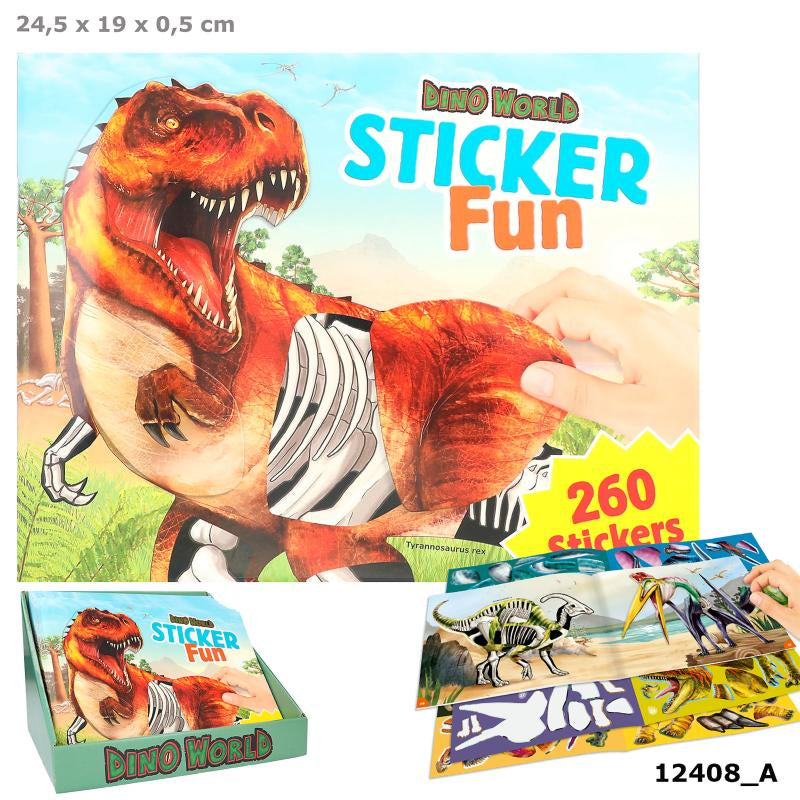 a box of stickers and a dinosaur