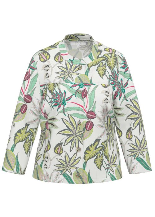 a white shirt with green and pink leaves