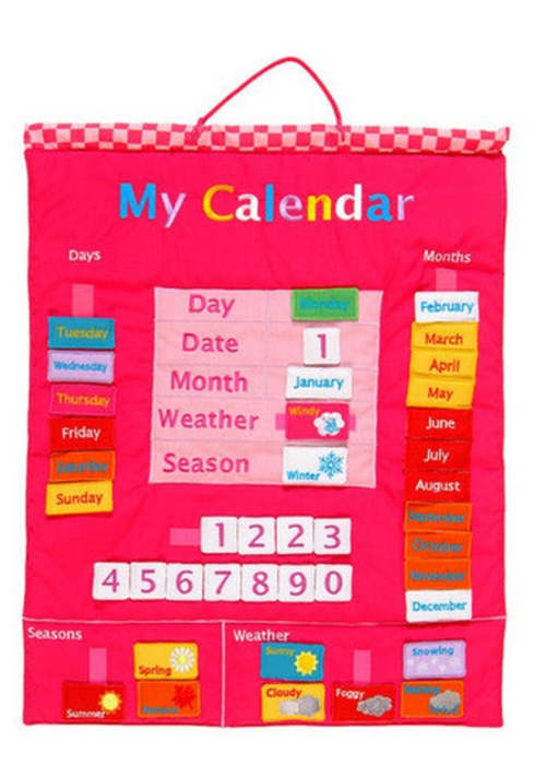 a pink calendar with different colored numbers