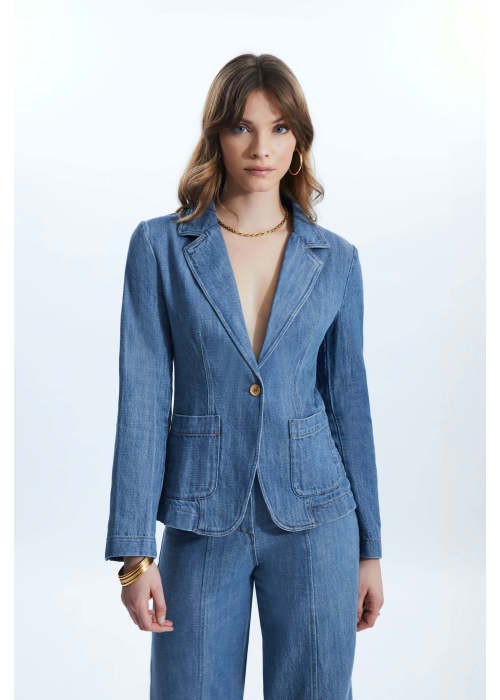 a woman in a blue suit