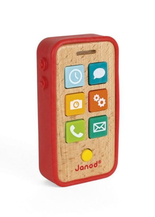 a wooden toy phone with buttons