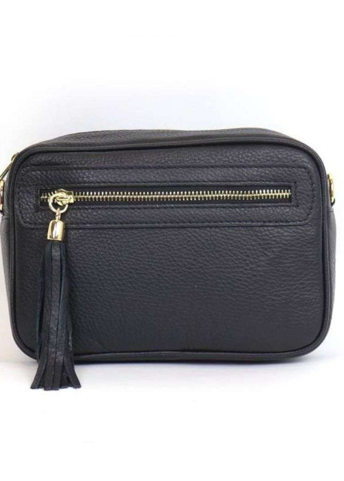 a black leather bag with a tassel