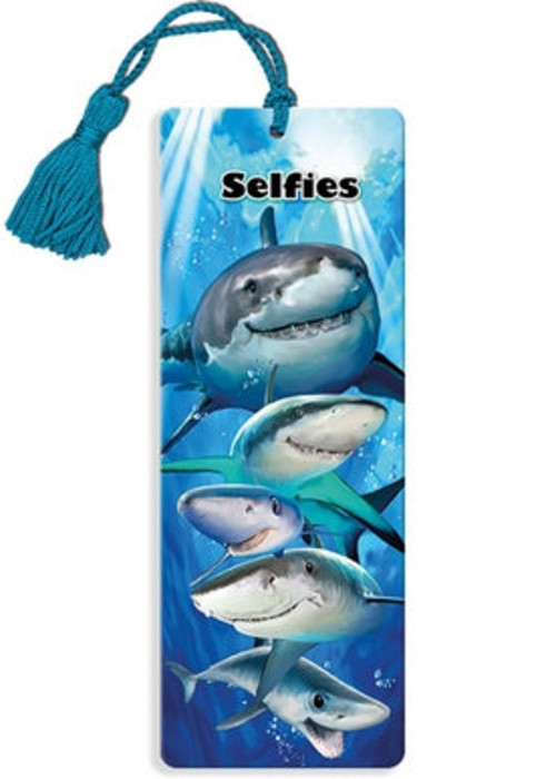 a bookmark with sharks and a tassel
