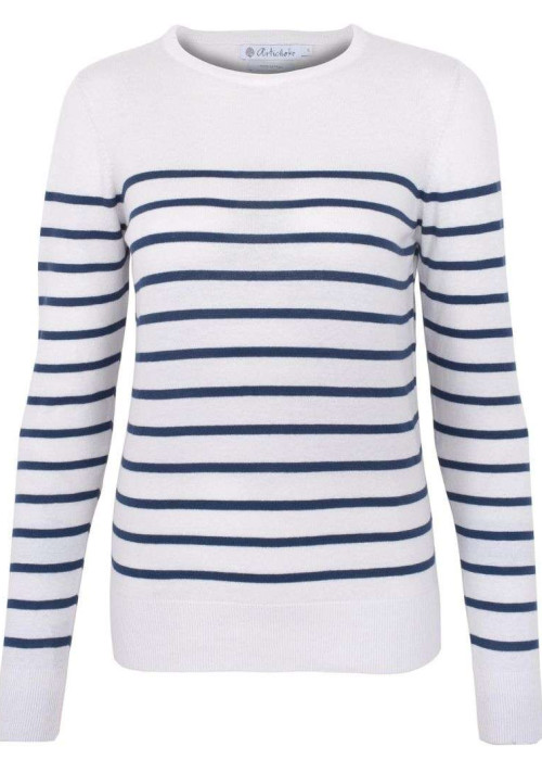 a white and blue striped sweater