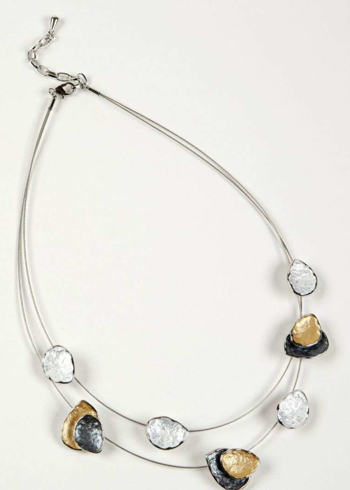 a necklace with gold and silver stones