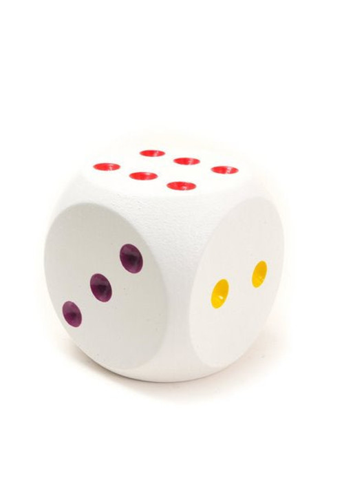 a white dice with red and yellow dots