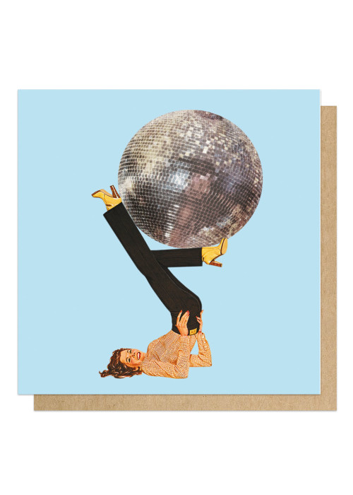 a card with a woman holding a disco ball