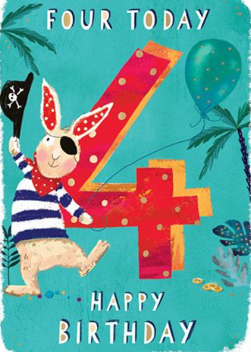 a birthday card with a rabbit and a pirate hat