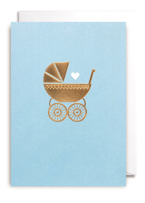 a blue and gold greeting card with a baby carriage