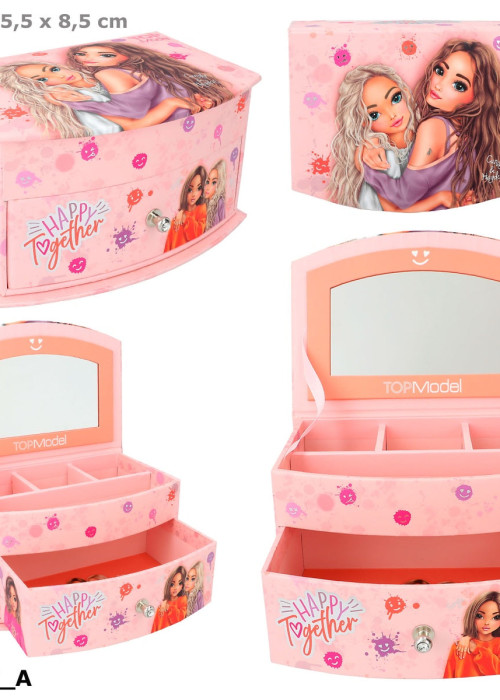 a pink box with a mirror and a mirror