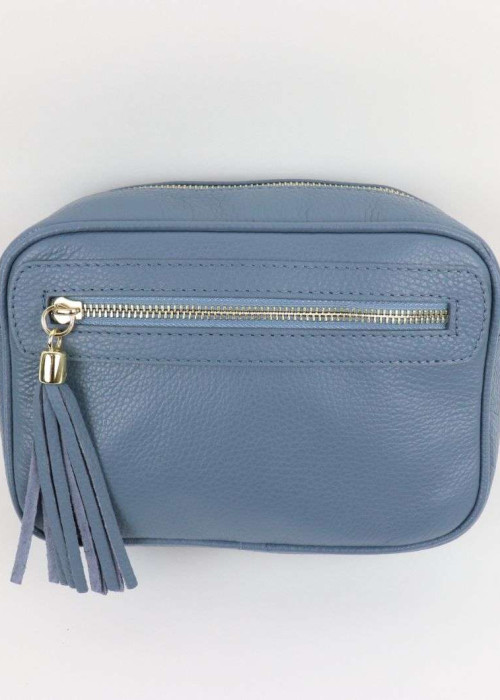 a blue purse with a tassel