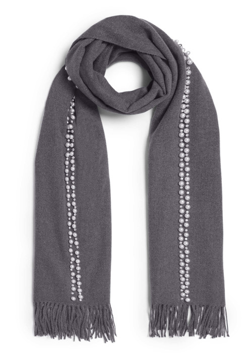 a grey scarf with beaded trim