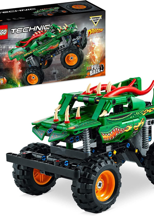 a green monster truck with wheels and a box