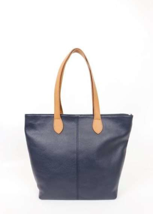 a blue and tan leather bag