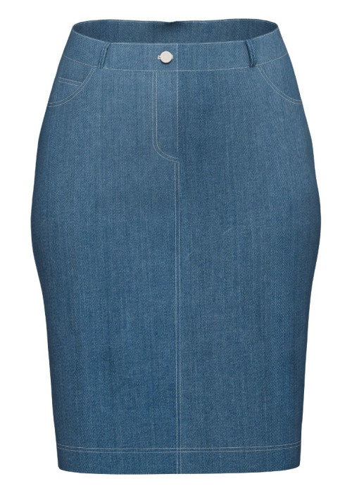 a blue denim skirt with a white button