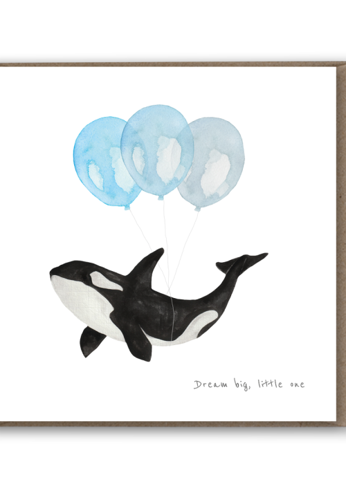 a card with a whale and balloons