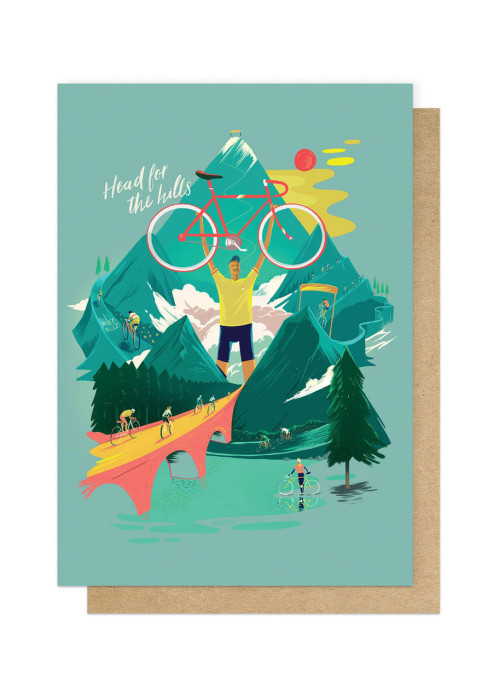 a card with a man holding a bicycle
