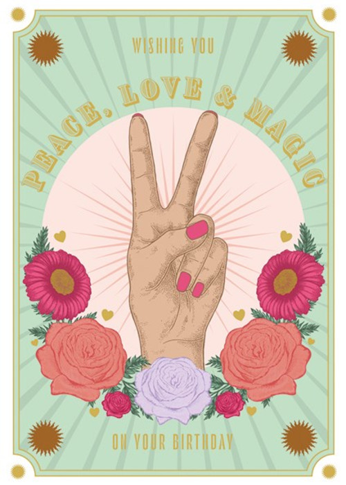 a hand with a peace sign and flowers