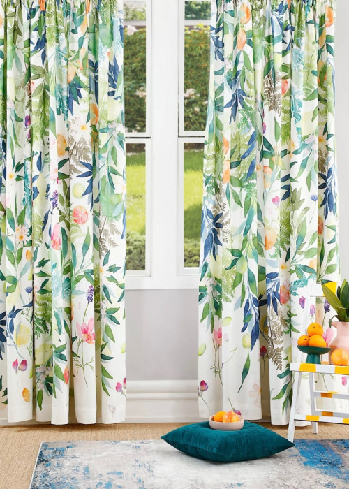 a window with floral curtains