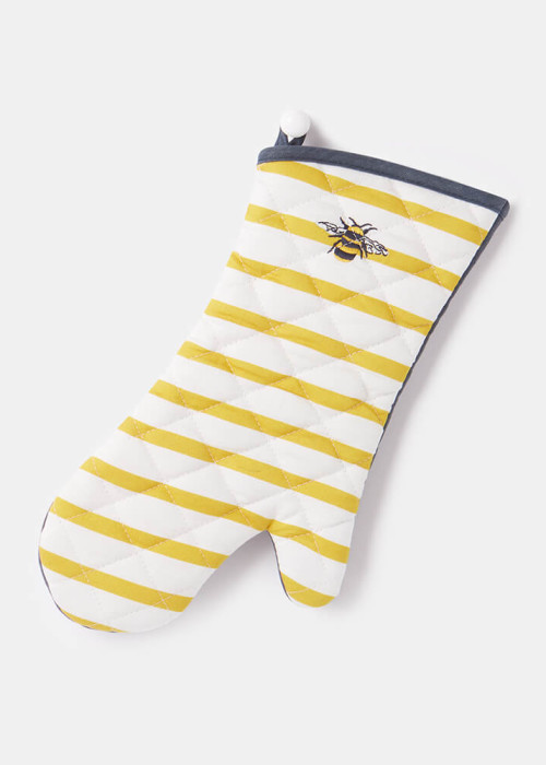 a yellow and white striped oven mitt