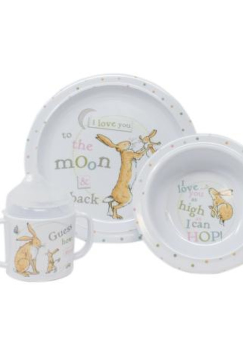 a set of baby dishes and a bottle