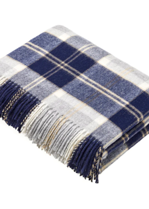 a blue and white plaid blanket