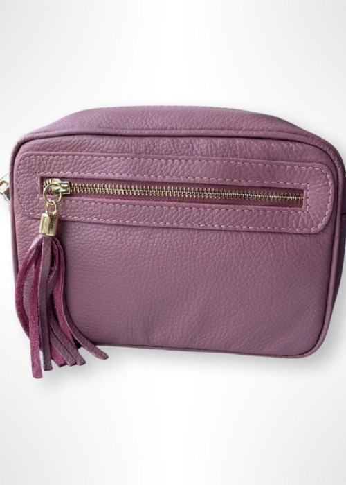 a pink leather bag with a tassel