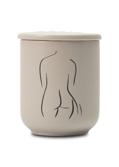 a white container with a drawing of a woman's body