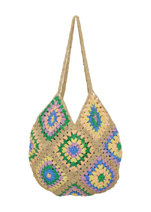 a crochet bag with colorful squares