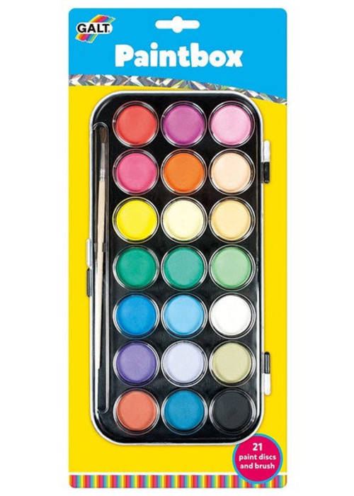 a box of paint in different colors