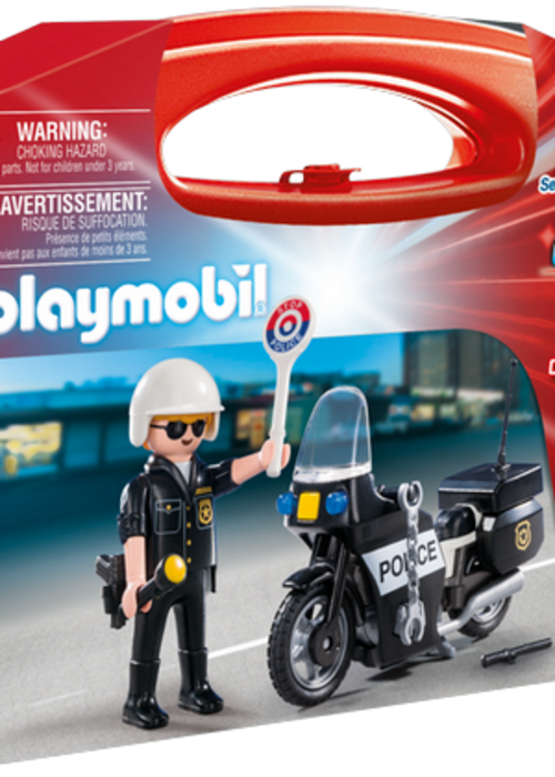 a toy box with a police officer and a motorcycle