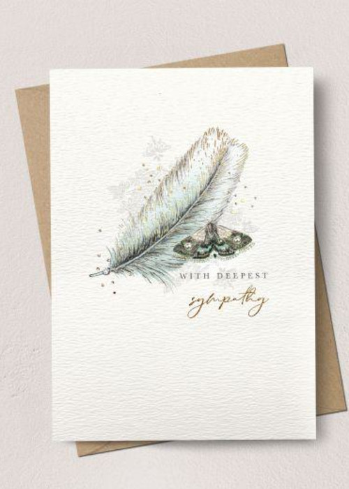 a card with a feather and a brown envelope