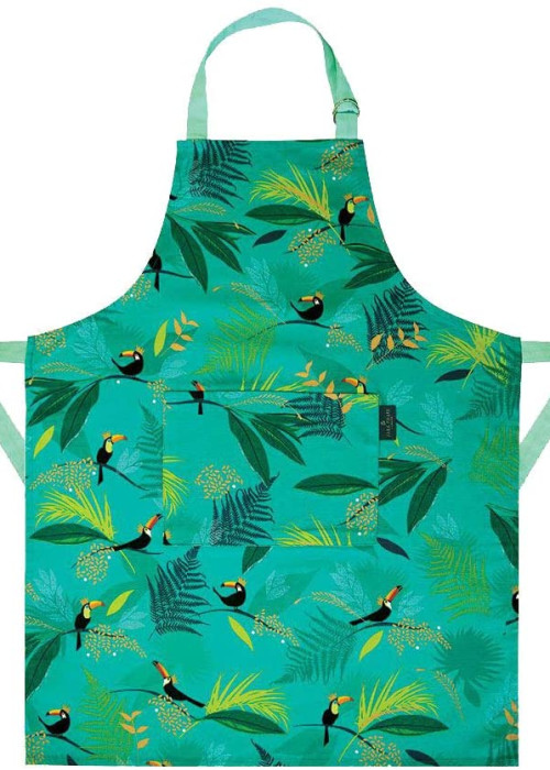 a green apron with birds and leaves