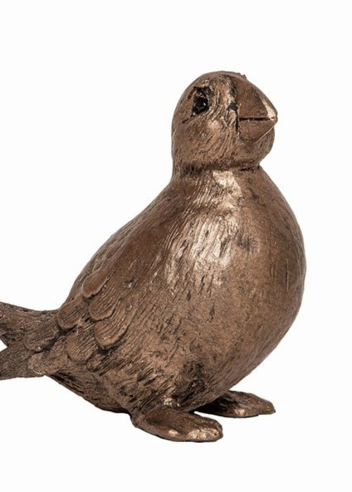 a bronze bird statue on a white background