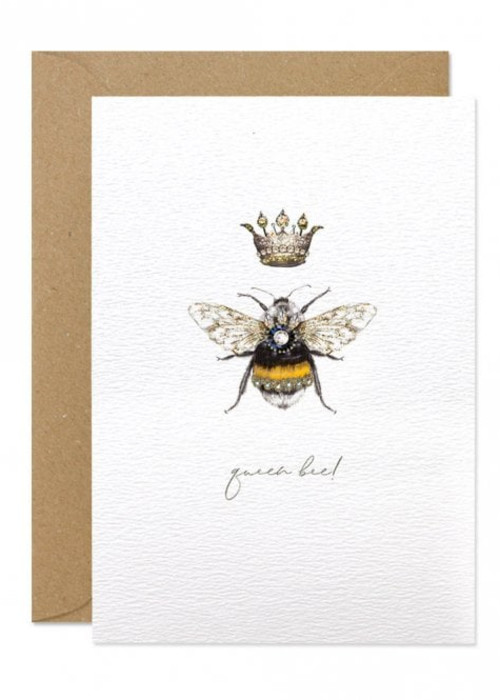 a card with a drawing of a bee and a crown