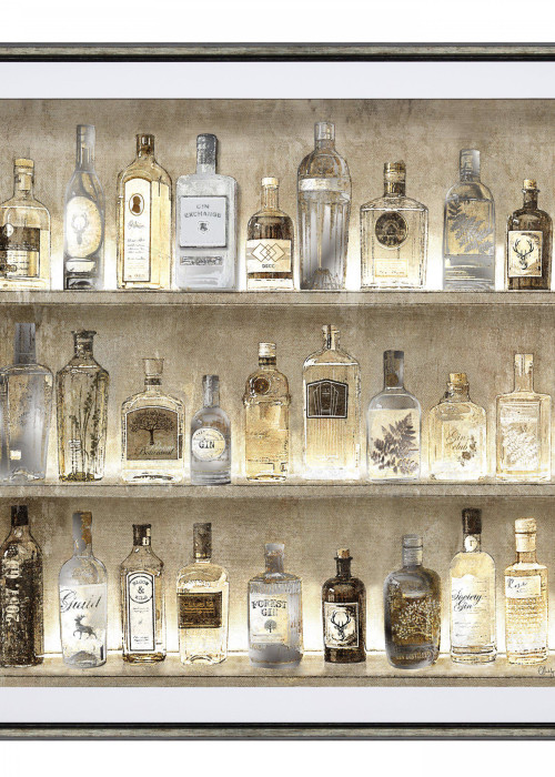 a framed picture of bottles of alcohol