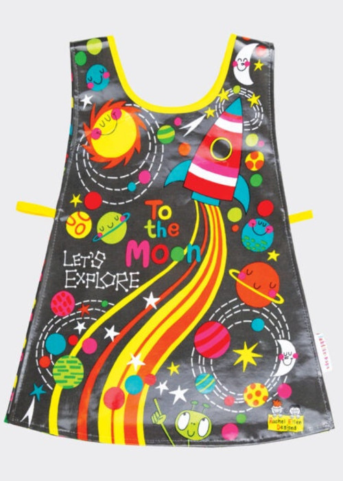 a black apron with colorful designs