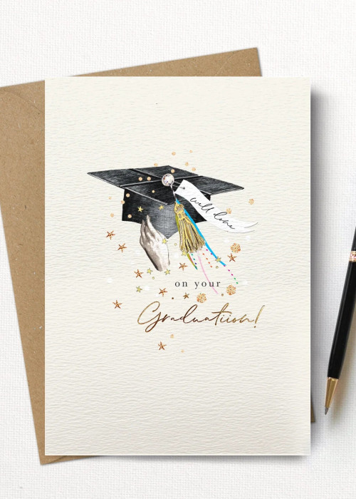 a card with a graduation cap and a pen