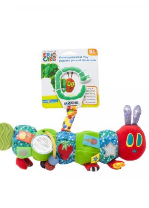 a toy caterpillar with a tag