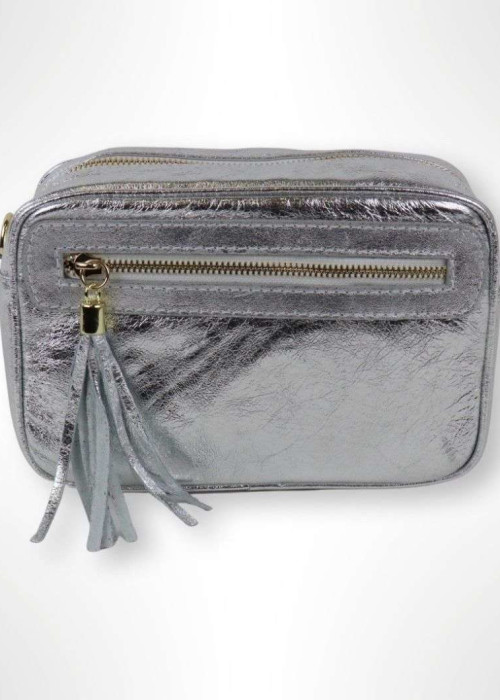 a silver bag with a tassel