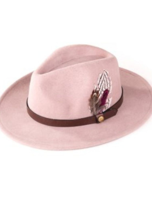 a pink hat with a feather on it