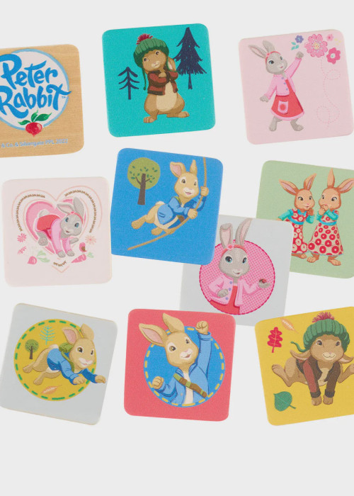 a group of square stickers with cartoon rabbits