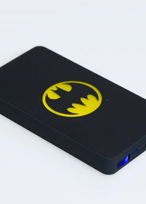 a black power bank with a yellow bat on it