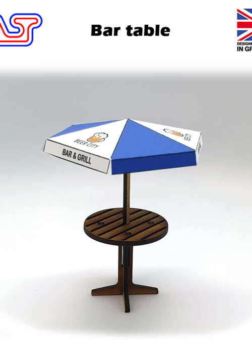 a table with a blue and white umbrella