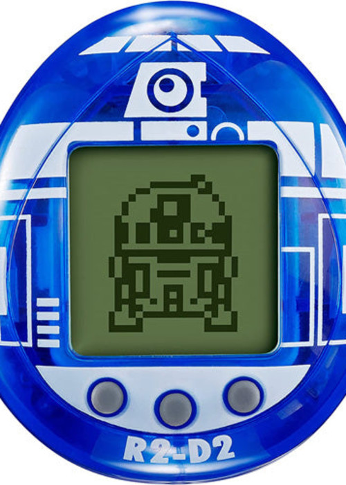 a blue electronic device with a screen and a cartoon robot