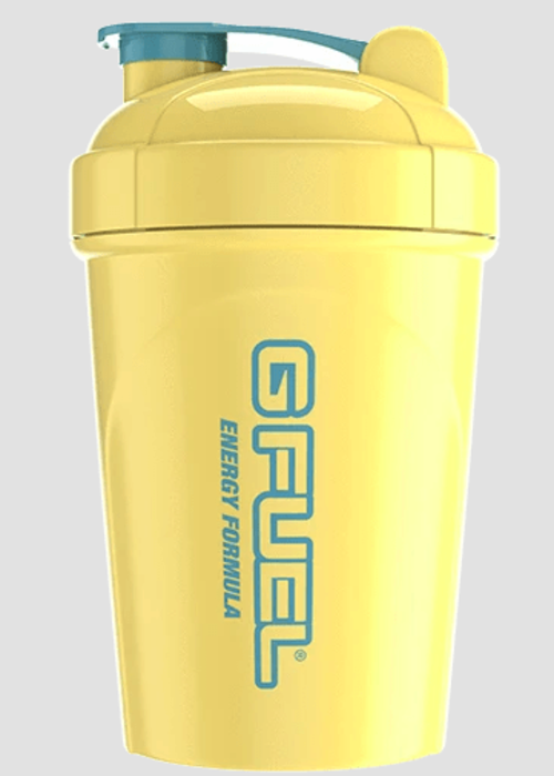 a yellow shaker with blue text