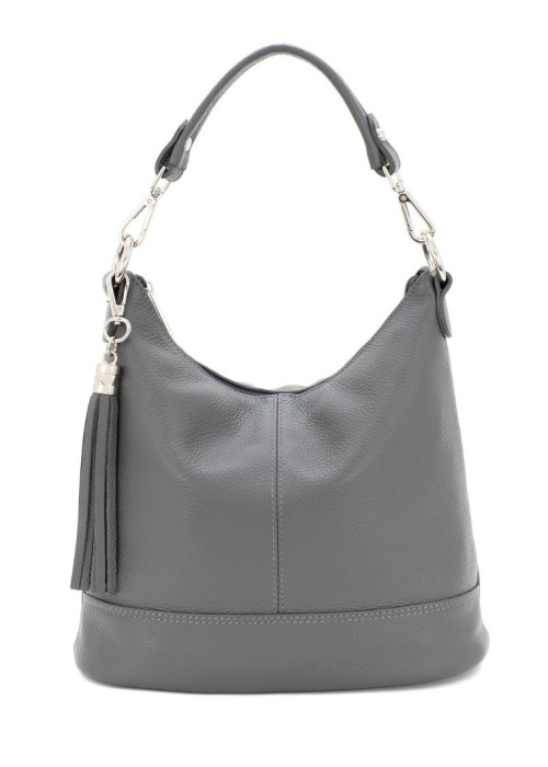 a grey purse with silver tassels